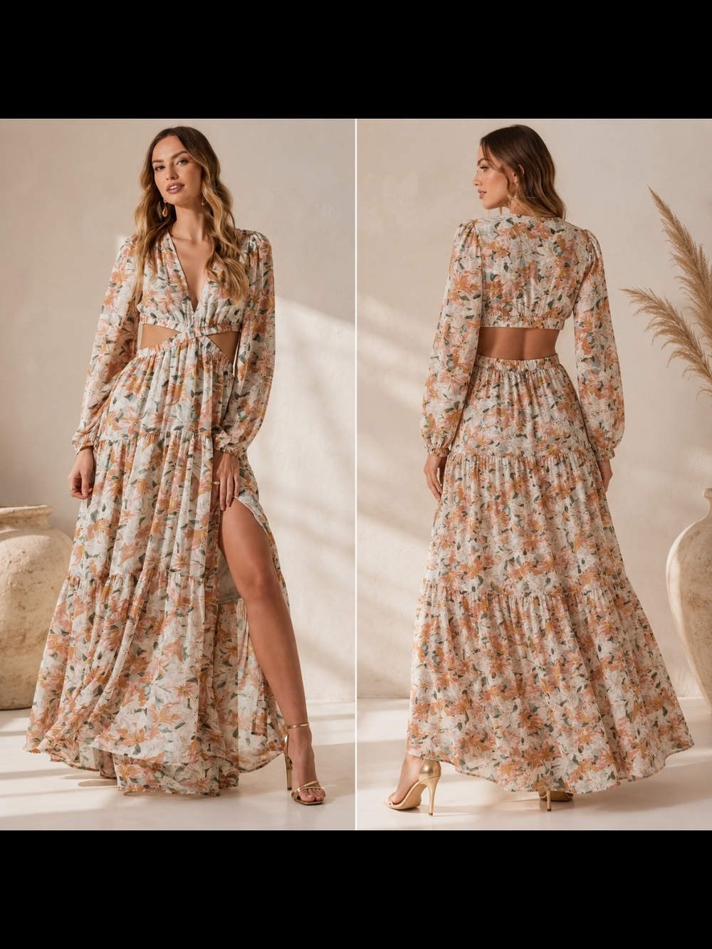 Astr Floral Maxi Dress in Cream, Peach & Green